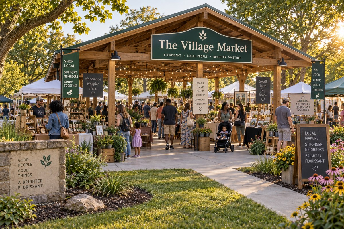Concept rendering of the outdoor Village Market with local vendor stalls and neighbors gathering