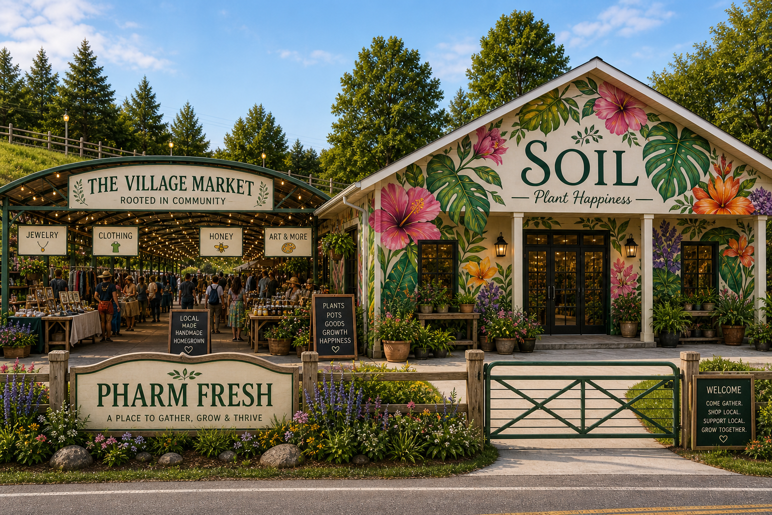 Envisioned Pharm Fresh storefront with Soil plant shop and The Village Market