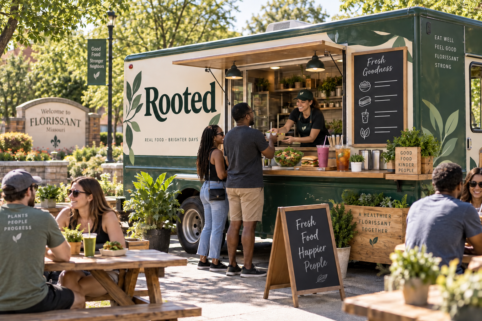 Concept rendering of the Rooted food truck serving fresh food in a welcoming outdoor gathering space
