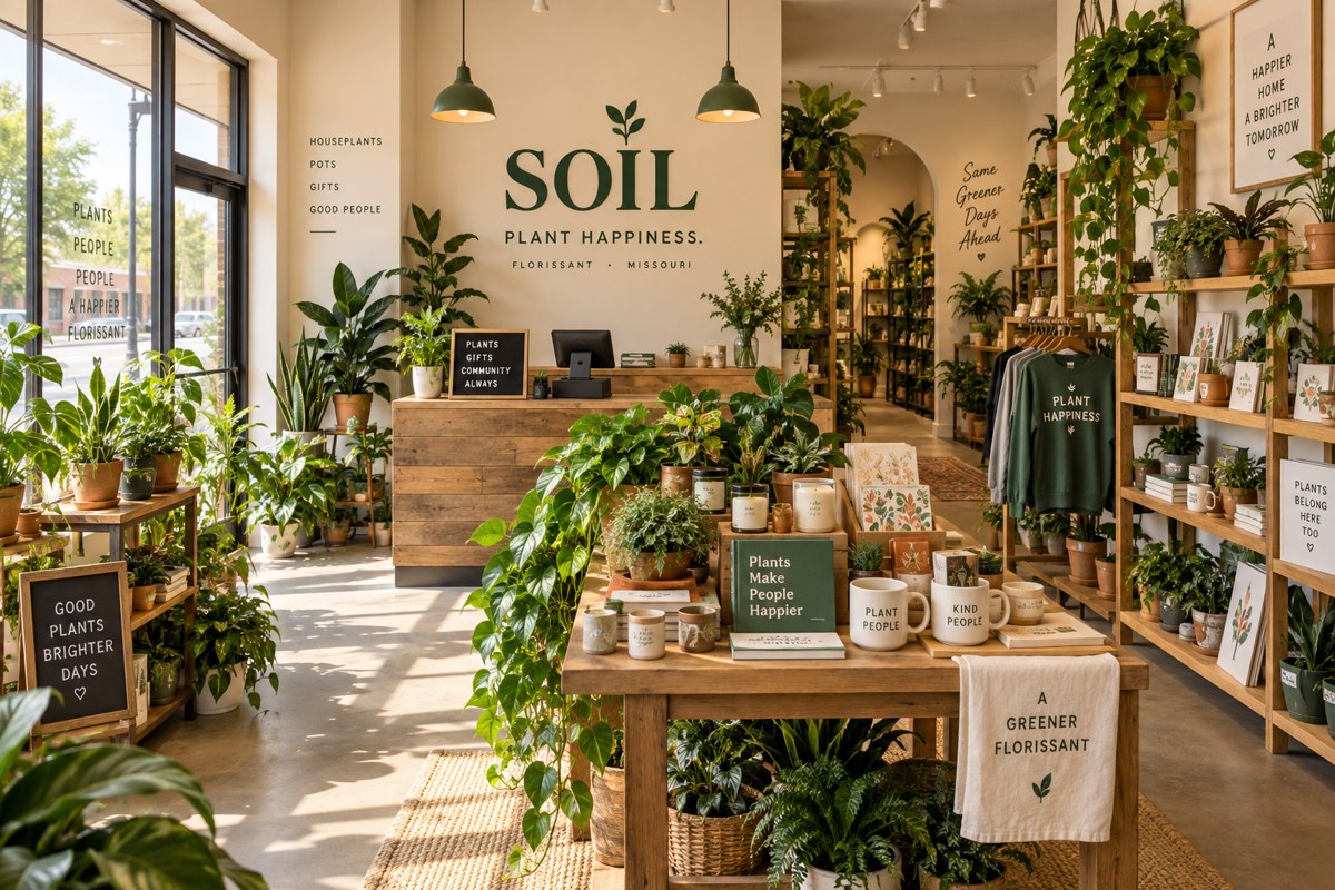 Concept rendering of the Soil plant and gift shop, with lush plants, terracotta pots, and natural wood shelves